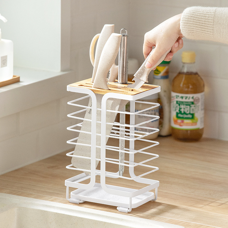 Multifunctional countertop knife storage rack nachuan kitchen supplies iron outer frame with tray draining knife rack Multifunctional countertop knife storage rack nachuan kitchen supplies iron outer frame with tray draining knife rack