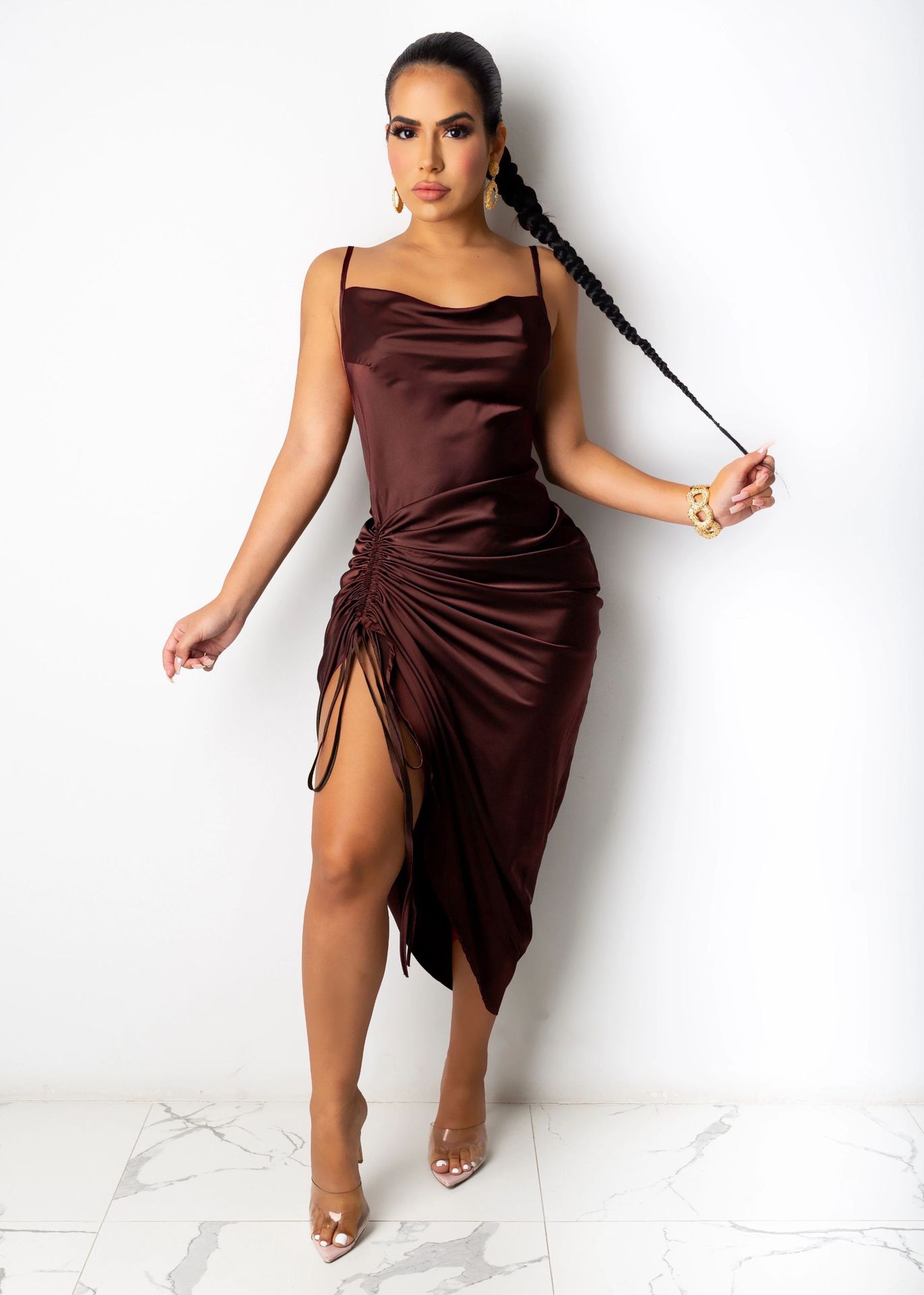 Summer Women Clothes Sexy Lacing Split Pleating Sling Maxi Dress