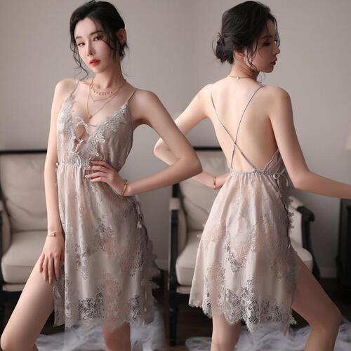 Large size fun underwear sexy hollow out Lace nightdress women Lace net hanging neck dew pajamas