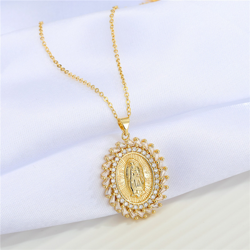 vintage Virgin Mary pendant rhinestone zircon necklace