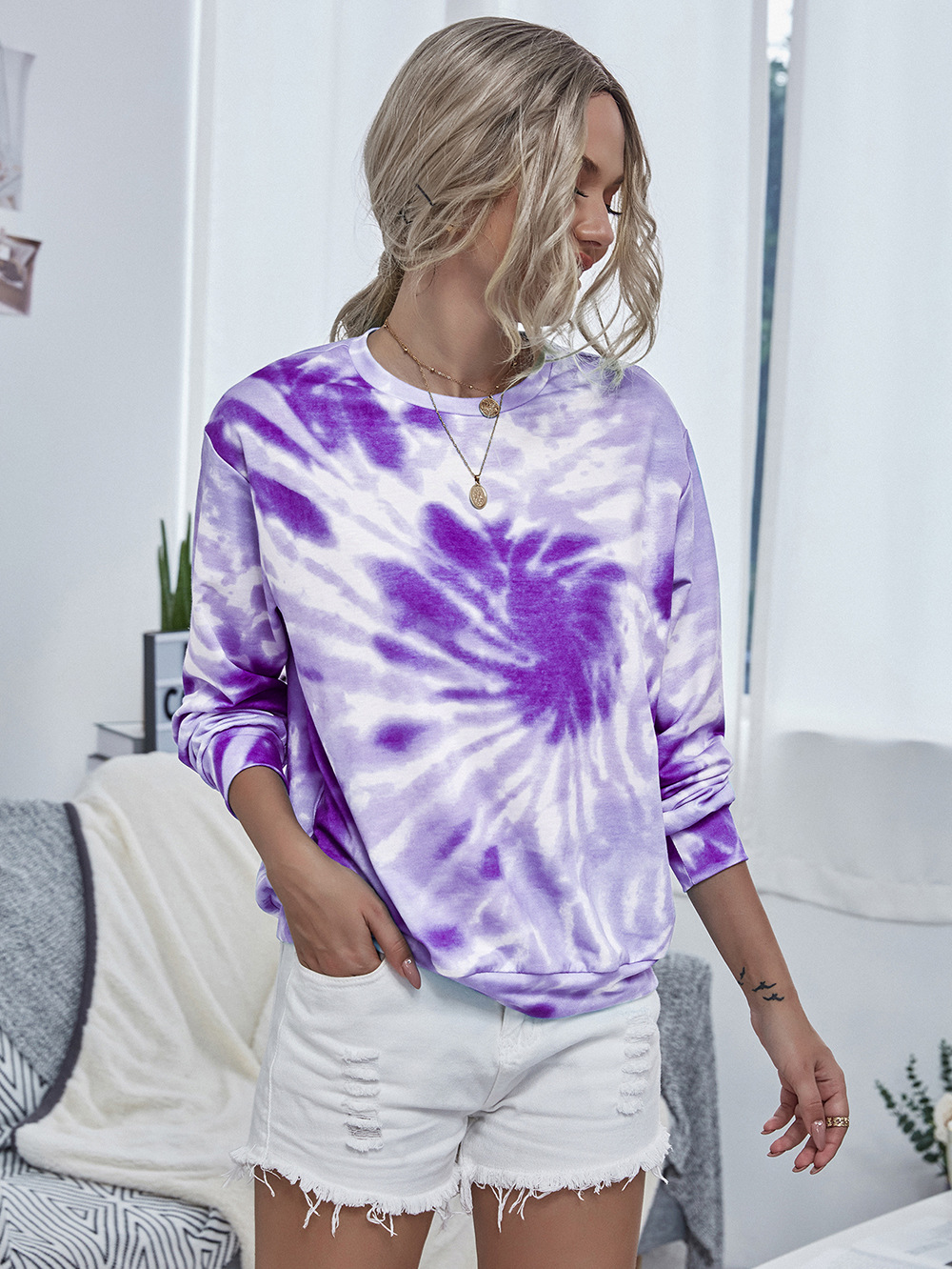   hot style printed tie-dye sweater women s long-sleeved round neck pullover sweater NSDF1284