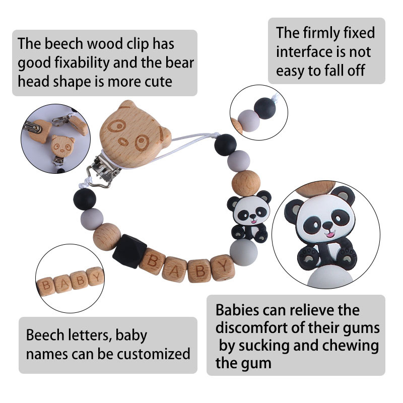 Nombre del bebé personalizable silicona pequeño Panda teether Cadena de chupete Bebé haya chupete clip de juguete de dibujos animados mordedor