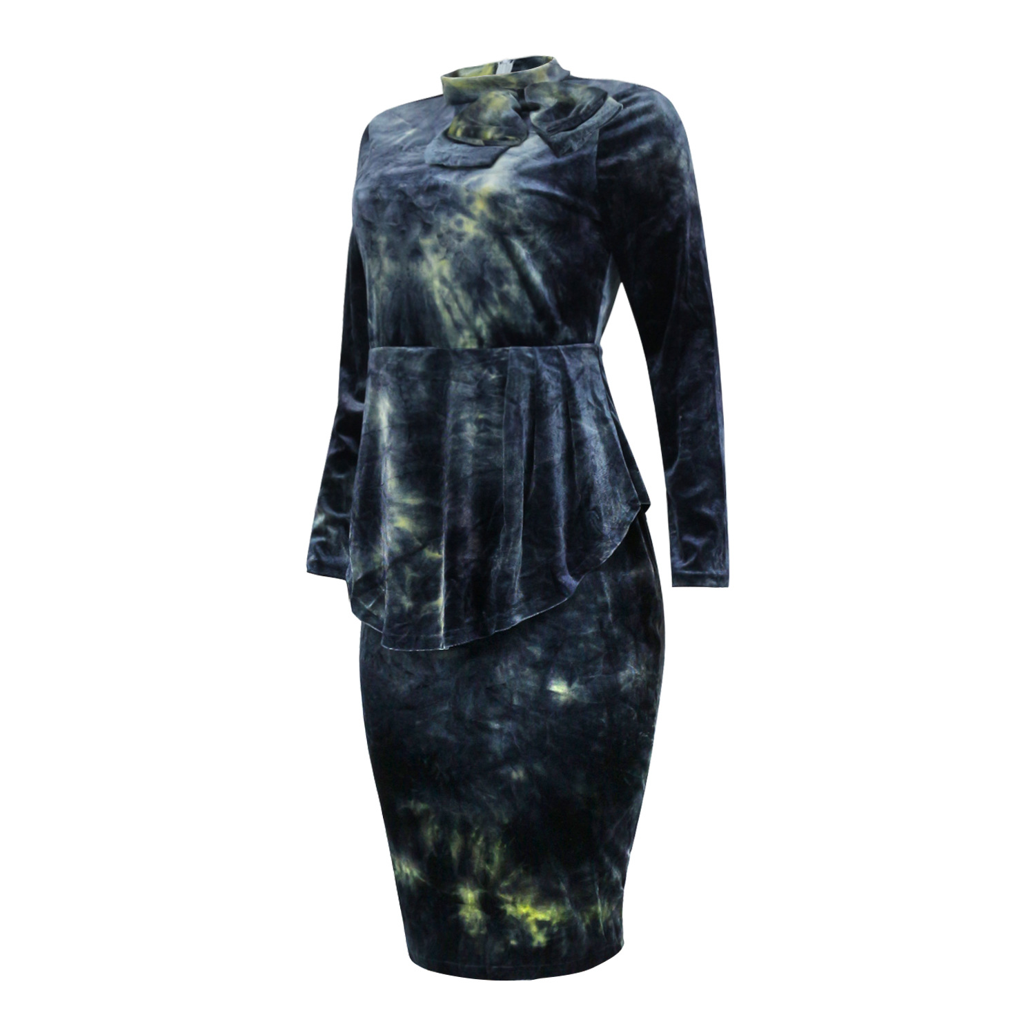 autumn plus size long-sleeved tie-dye printing bowknot dress nihaostyles wholesale clothing NSBMF91101