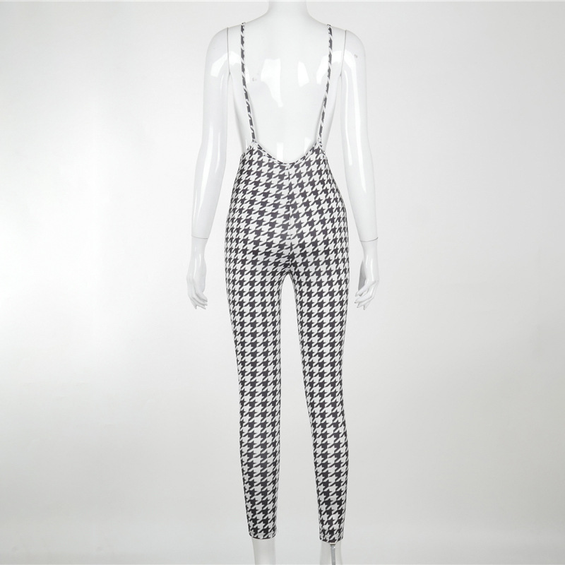 houndstooth print hip-lifting suspender jumpsuit NSMX25367