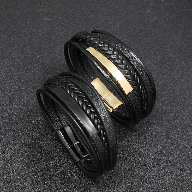 simple stainless steel hip-hop leather bracelet