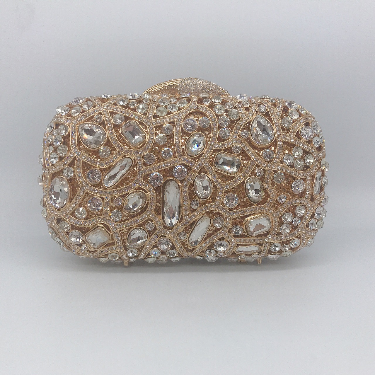 Túi clutch dạ hội nữ đính đá kim cương hộp cứng kim loại dây xích — Màu vàng chi tiết 1