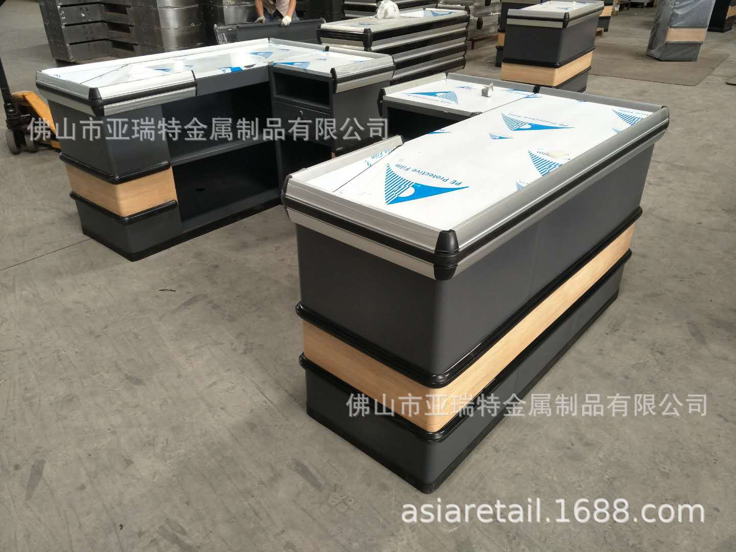 超市水果店粮油店便利店木纹收银台收款台不锈钢台面铝合金包边