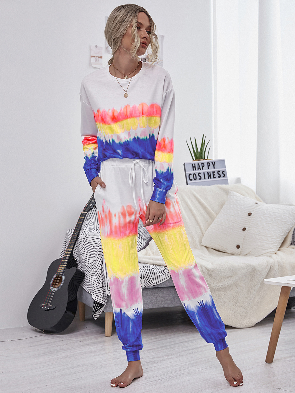 hot style printed tie-dye sweater women s long-sleeved round neck pullover sweater set NHDF88