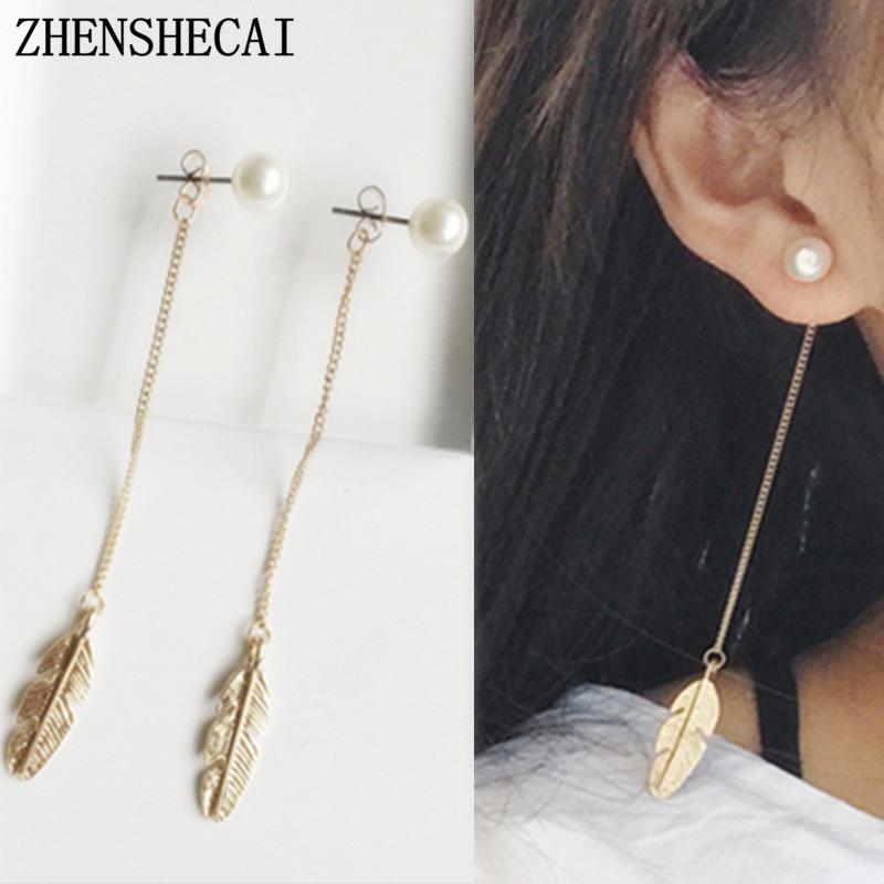 European and American Temperament Feather Leaf Pearl Personalized Long Earrings Eardrops Earrings Female Earrings Factory Wholesalepicture1