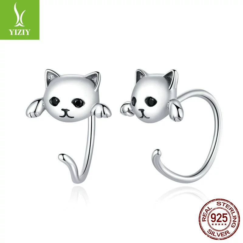 Серьги и кольцо (YIZIY) 925 стерлингов серебро с котом мотивом, окисленная/циркония/эмаль, варианты маленькие и большие