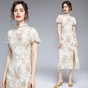 Summer floral chinese dress qipao retro puff sleeve improved version pearl buckle cheongsam floral embroidery high waist dress