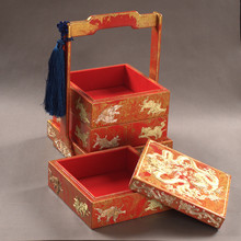 推光漆器多层分格带盖食盒 仿古漆器传统堆漆工艺 传世佳品提篮盒
