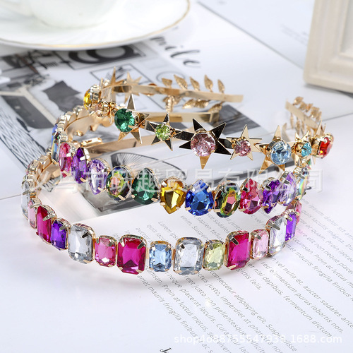 跨境金属水钻发箍花朵合金仿珍珠发饰叶子星星头饰巴洛克复古头箍