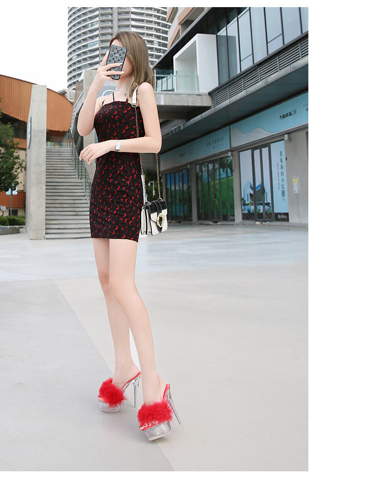 Dép sandal nữ gót nhọn siêu cao phối lông, quai trong suốt pha lê, mũi hở — Màu hồng, Màu trắng, Màu đen, Màu đỏ chi tiết 13