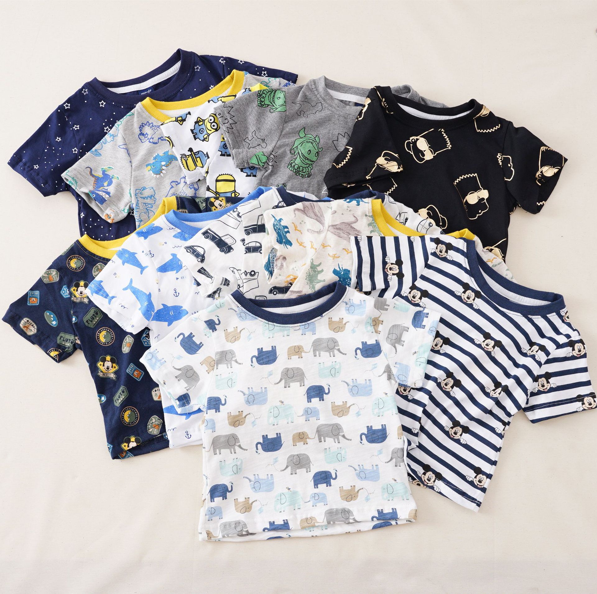 夏季男童精致压线拼色卡通印花大象恐龙潮版宽松韩版纯棉短袖T恤