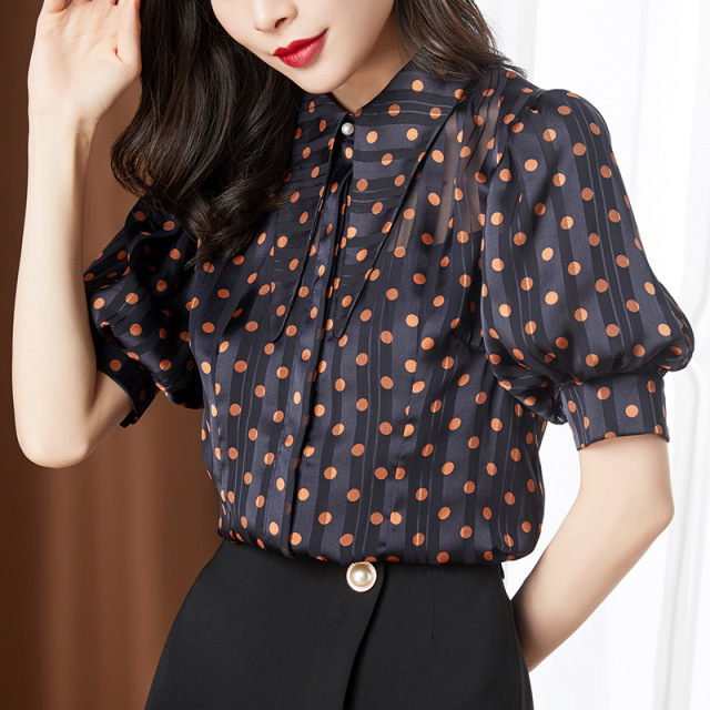 Polka Dot Chiffon Blouse women’s summer bubble short sleeve Korean loose Print Shirt