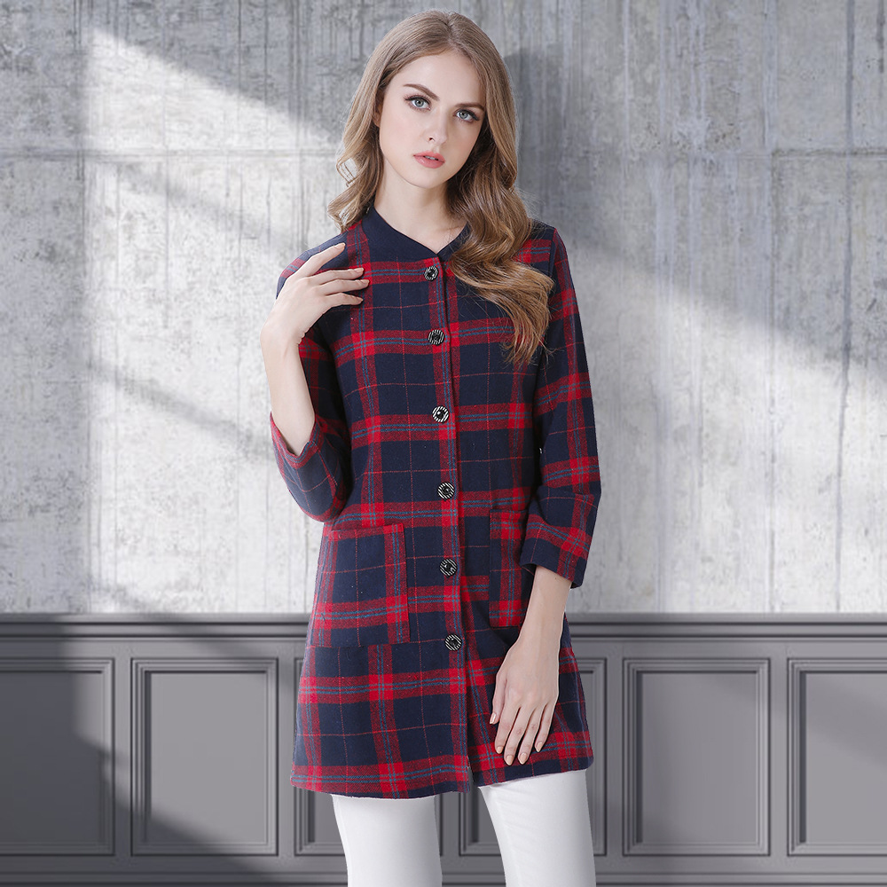 Long Plaid Round Neck Slim Long Sleeve Woolen Jacket NSJR17179