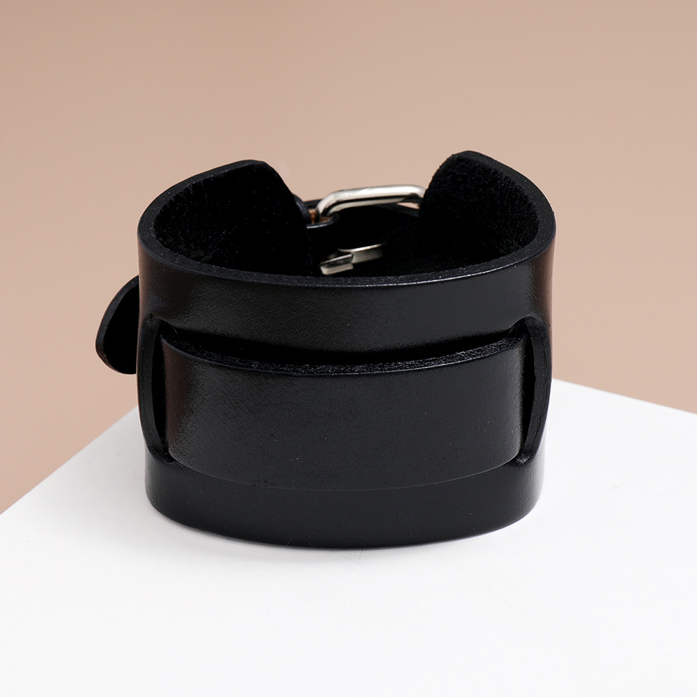 Hot-saling Retro Men's Leather Simple Adjustable Punk Wide Leather Bracelet display picture 3