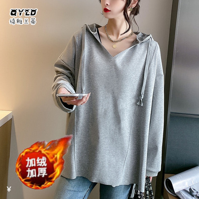 2020秋冬加绒连帽厚卫衣纯色宽松韩版休闲春秋百搭上衣大码外套