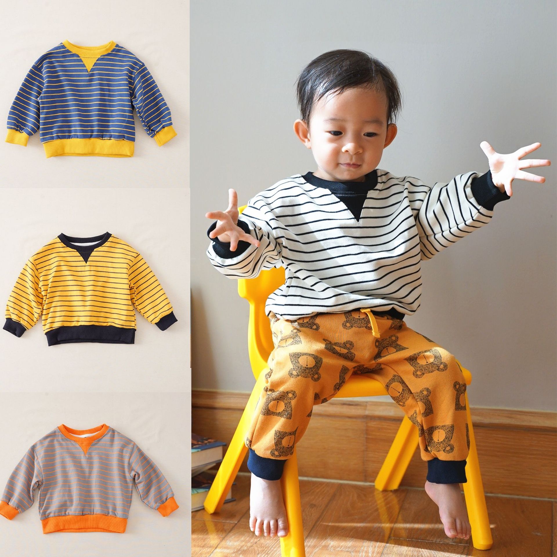 Autumn and winter Korean Edition Boy girl stripe Easy stripe knitting pure cotton sweater Sweater keep warm Long sleeve