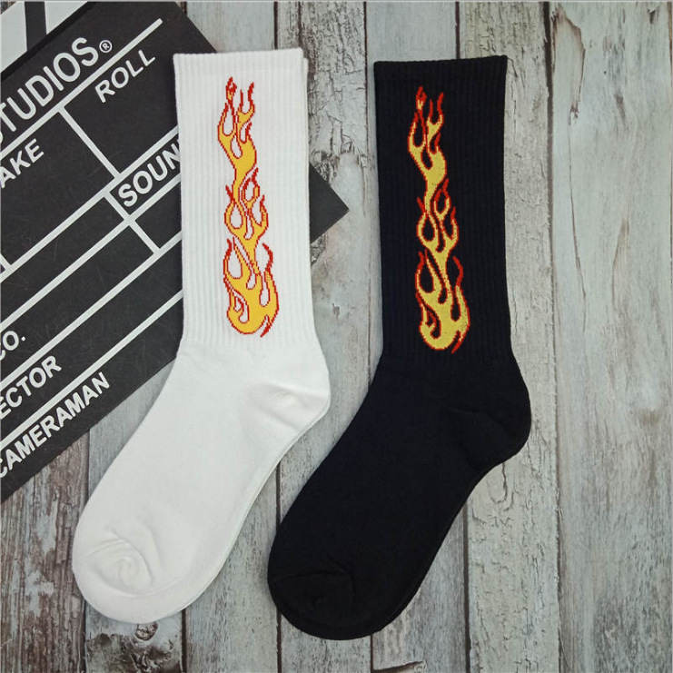 Men's Flame Pattern Crew Socks Japanese Street Style Cotton Sports_voghion.com
