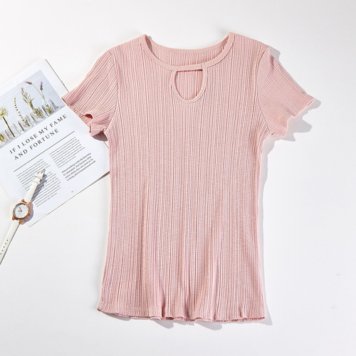 Pit strip round neck half sleeve ribbed casual T-shirt knit top for women