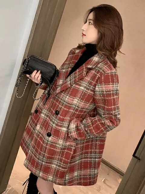 Abrigo de lana para mujer Otoño e Invierno 2022 nuevo traje a cuadros retro estilo coreano suelto todo partido abrigo de lana de longitud media image 8