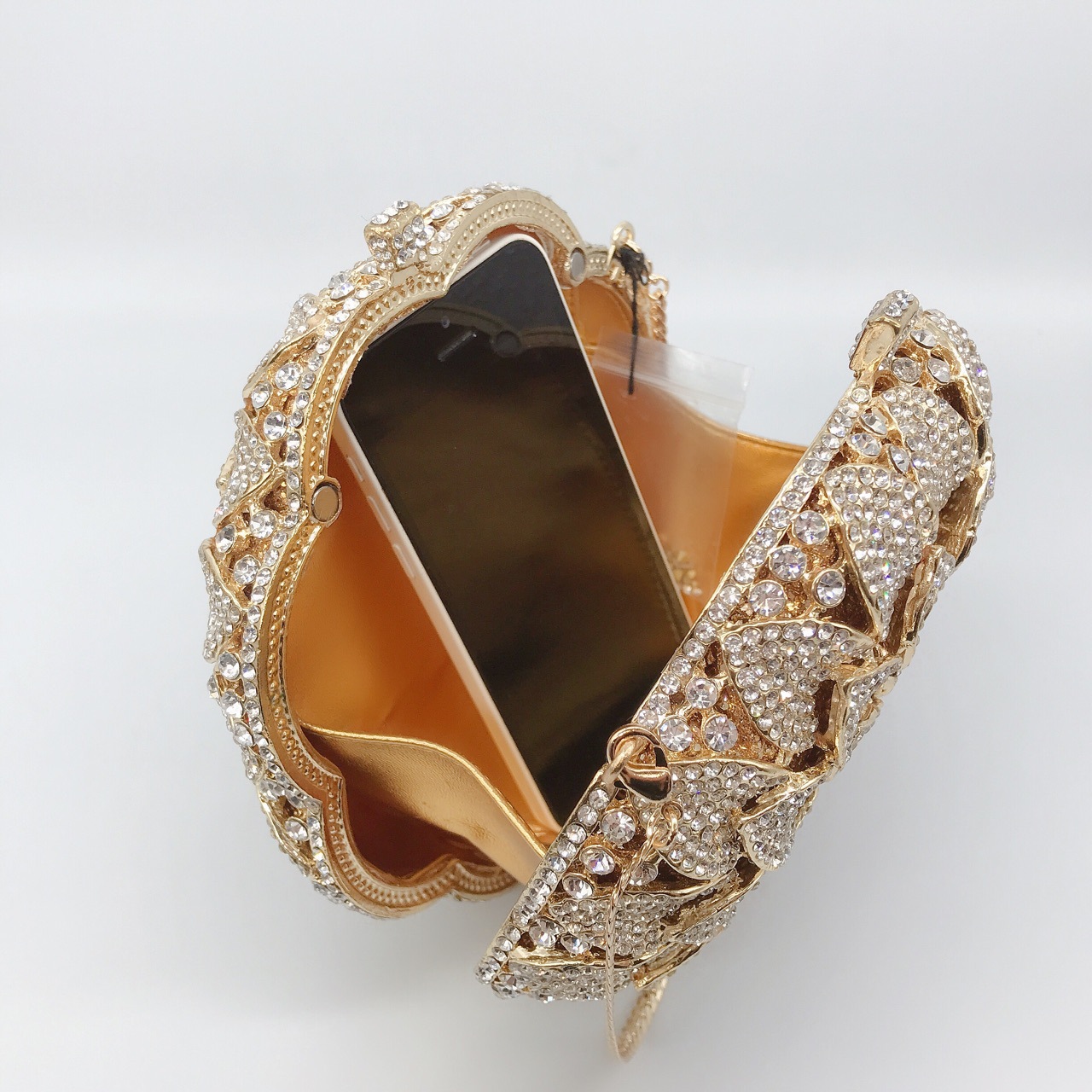 Women's Gender Gold Silver Rhinestone Metal Flower Round Evening Bags