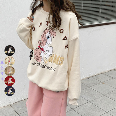 秋冬新款圓領薄絨字母卡通刺繡衛衣女寬松顯瘦套頭上衣保暖潮定做