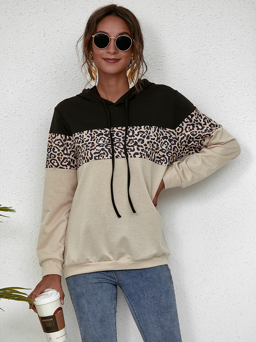 autumn and winter simple stitching leopard print hooded sweater slim long-sleeved top NSAL1896