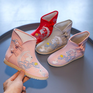 2020 New Autumn and Winter Children's Hanfu Shoes Boots Chinese Style Velvet Baby Boots Antique Embroidered Shoes for Girls