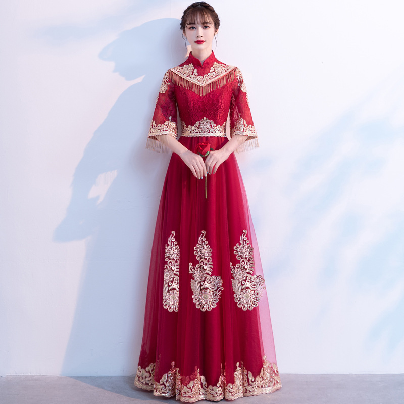 Evening dresses prom dress Robes de soire evening gowns wine red wedding  show Hefu style wedding dress dress dress