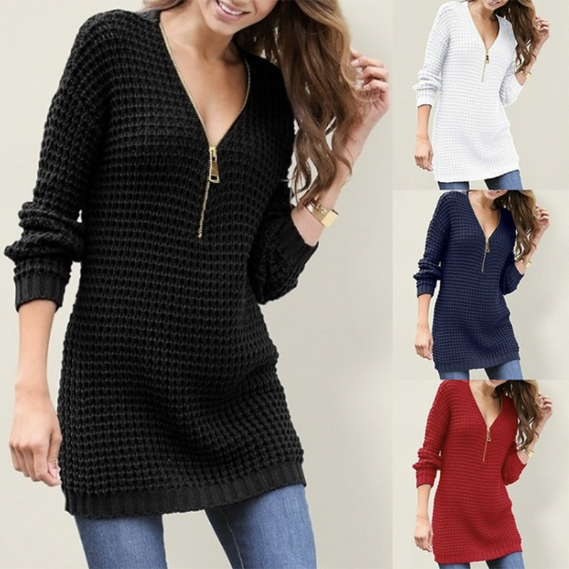Nuevo suéter de moda para mujer 2026, estilo europeo y americano, suéter vestido con cremallera y cuello en V de longitud media, superventas en AliExpress