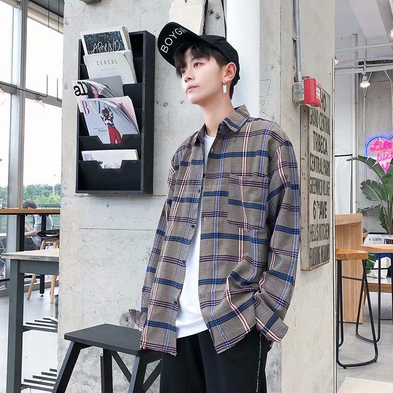 2020 camisa a cuadros de manga larga de estilo coreano de los hombres slim fit juventud moda guapo camisa pareja casual Camisa delgada