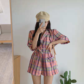 新款法式甜美仙女智熏桔梗裙子森系超仙系带格子西装连衣裙夏8500
