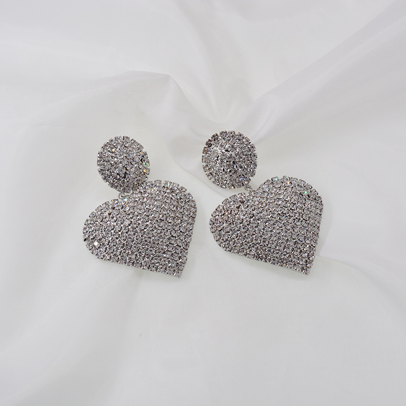 New Simple Fashion Full Diamond Love Rhinestone Exaggerated Earrings Wholesale Nihaojewelry display picture 6