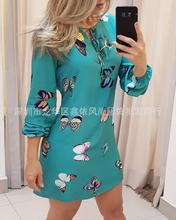 2020亚马逊速卖通eBay欧美秋季新款修身系带长袖印花连衣裙