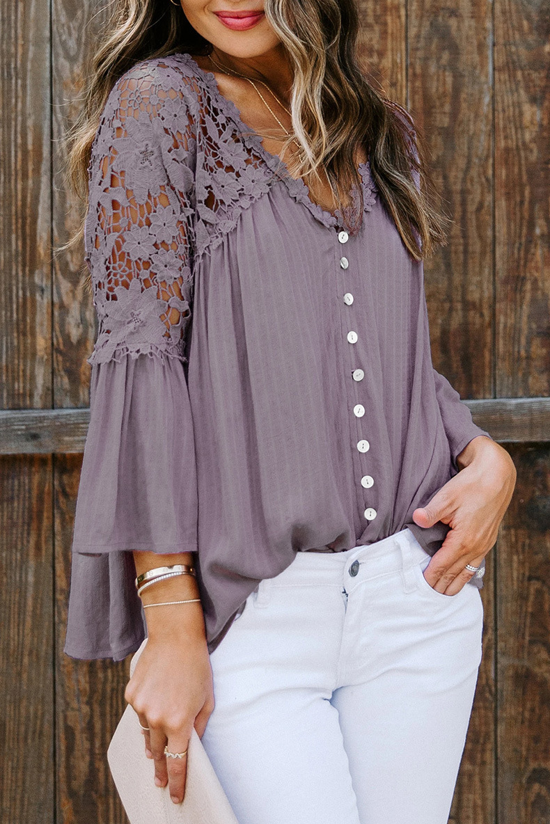 new V-neck trumpet sleeve pullover chiffon shirt  NSHZ35288