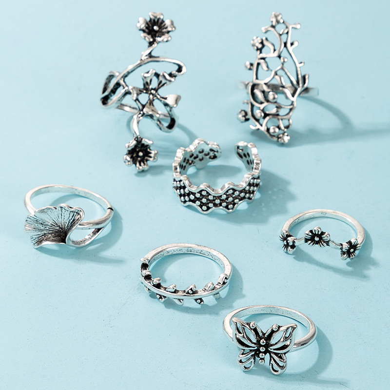 Bohemia Leaves Flower Butterfly Rings 7-piece Set display picture 4