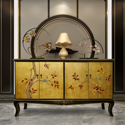新中式仿古民宿家具法式金箔漆器鞋柜玄关柜彩绘烤漆储物三柜|ms