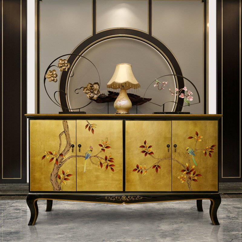 新中式仿古民宿家具法式金箔漆器鞋柜玄关柜彩绘烤漆储物三柜|ms