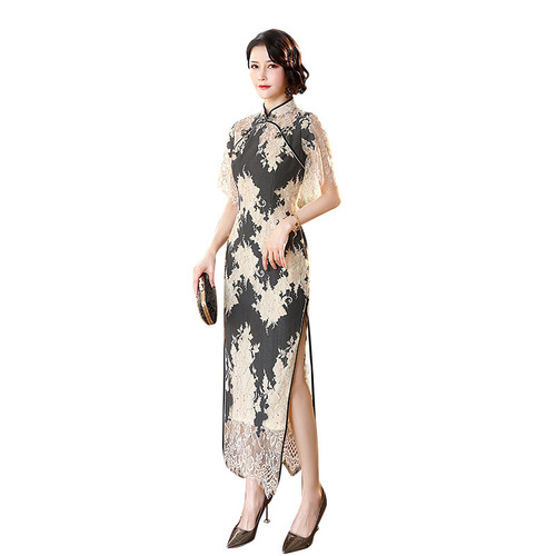 Lace Chinese dress retro qipao dress for women Long oriental cheongsam dress retro elegant Chinese style lace bridal wedding toast dress