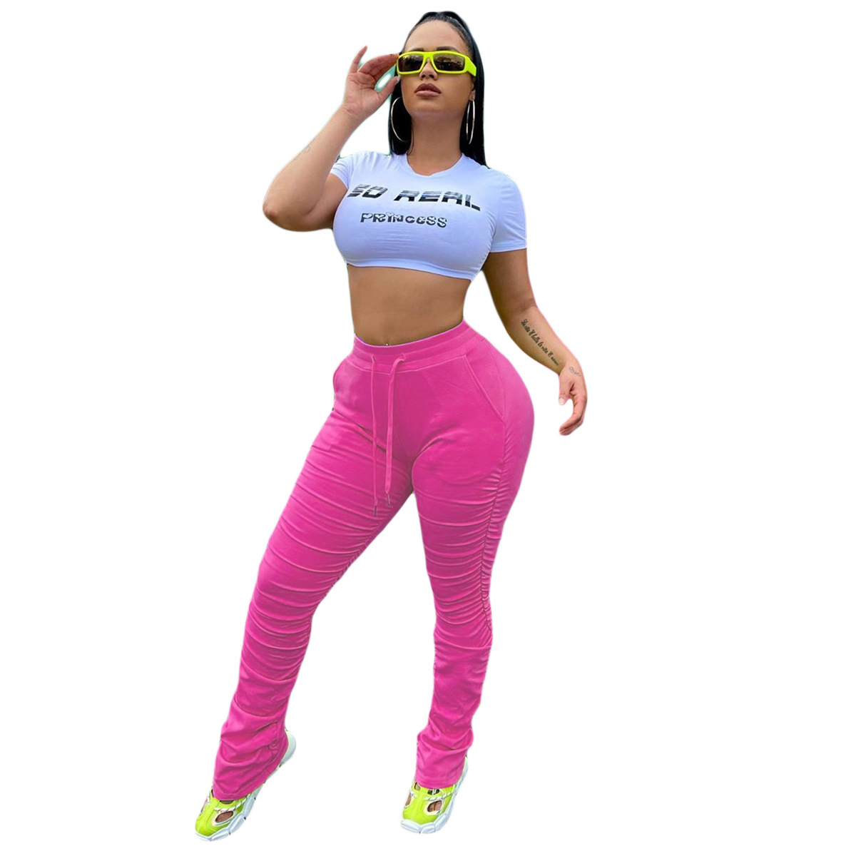 High-waisted Drawstring Pants - Rose Red