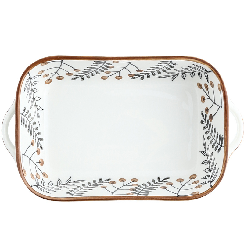 Bandeja de cocción pintada a mano de vena creativa bandeja de horno de microondas de cerámica bandeja de hornear queso bandeja de cocción de arroz al horno plato de ensalada de cerámica