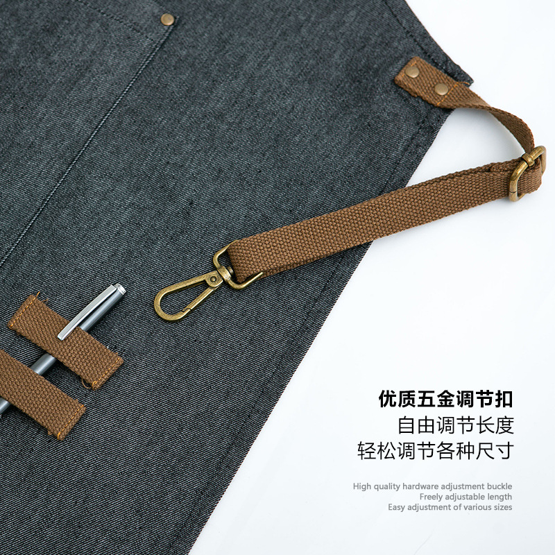 Delantal Denim lienzo impreso logotipo impresión cafetería camarero ropa de trabajo cintura anti-fouling resistente a las manchas resistente al desgaste
