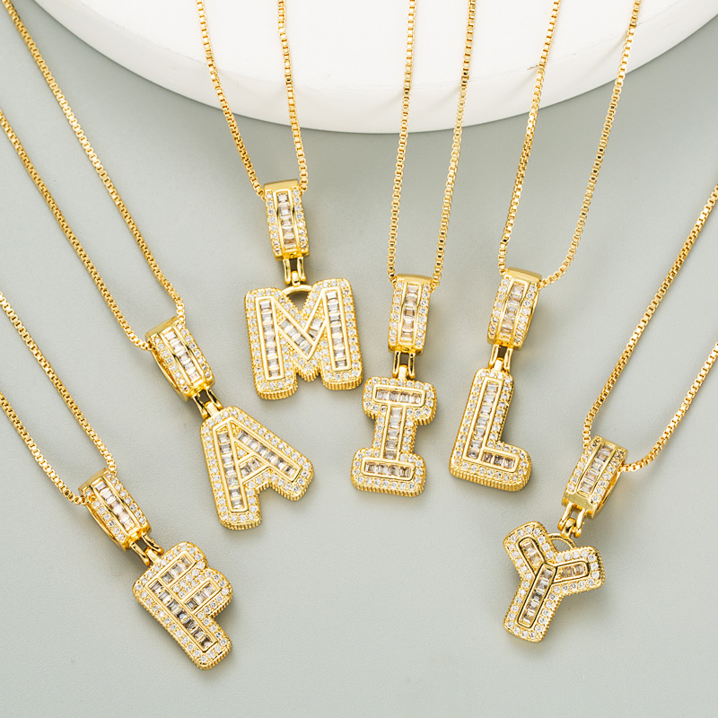 white gem  copper plated real gold 26 English letters necklace