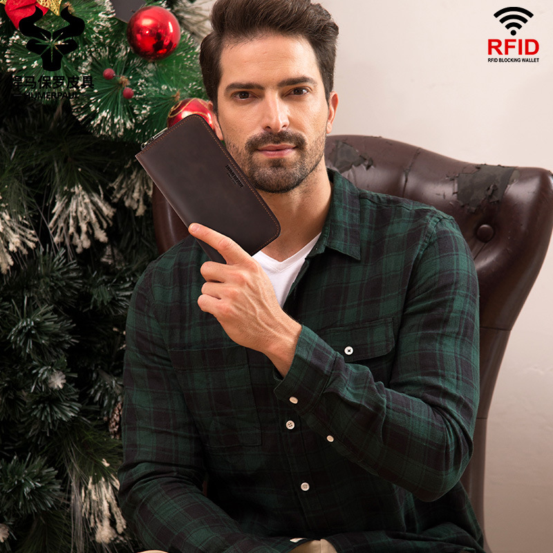 新款真皮男士钱包 疯马皮商务复古多卡位手拿包 长款男士钱包