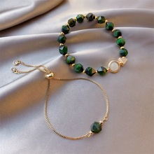 簡約綠色寶石手鏈女韓版虎眼石個性手鐲2件套時尚設計手環可調節