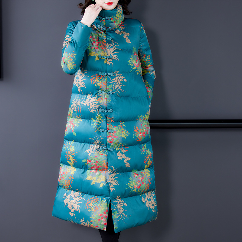 仿真丝香云纱改良旗袍2020冬季新款中式羽绒棉服加厚过膝长款外套