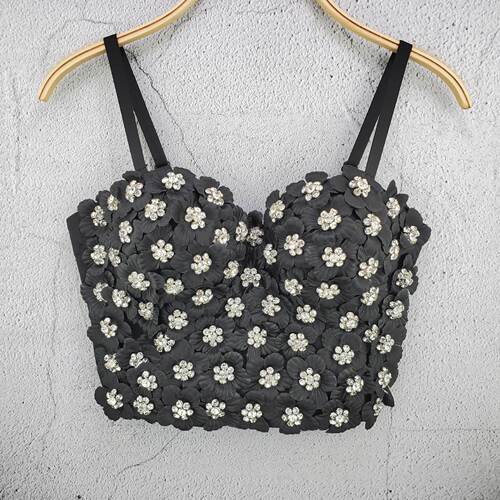 New boutique niche personality outer wear tube top handmade flower beading and diamond heavy industry small suspender top for women